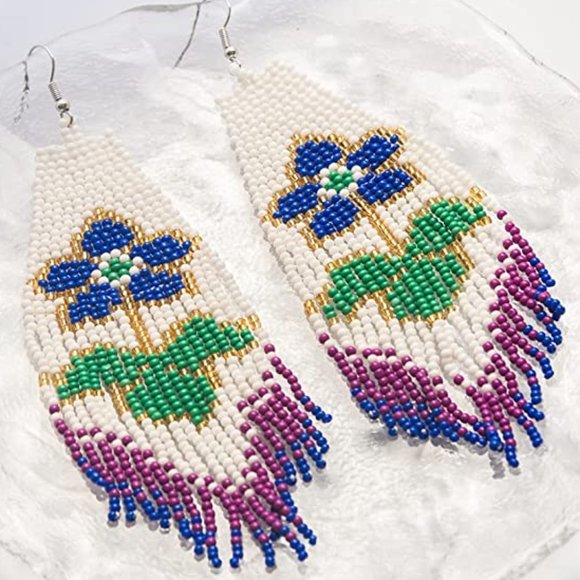 Long 6" Handmade Beaded Blue Purple Flower Oversized Earrings Beads Handcrafted - Picture 3 of 5